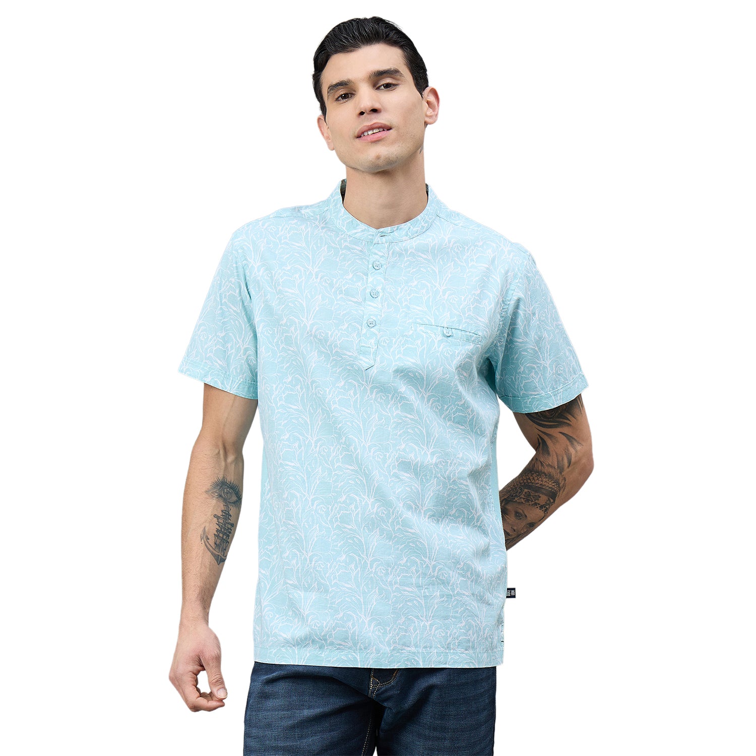 Duke Urban Men Half Sleeve Band Collar Floral Print T-Shirt (LF7532)