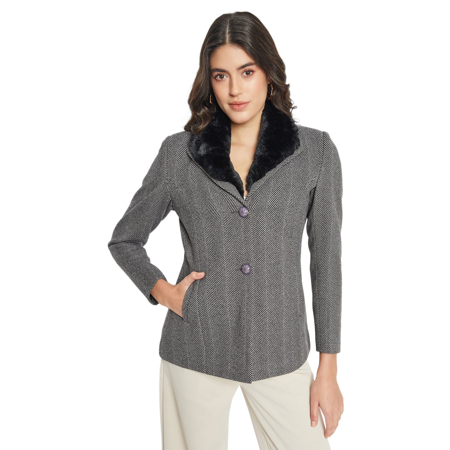 Duke Urban Women Full Sleeve Fur Collared Coat (SDZ4102)