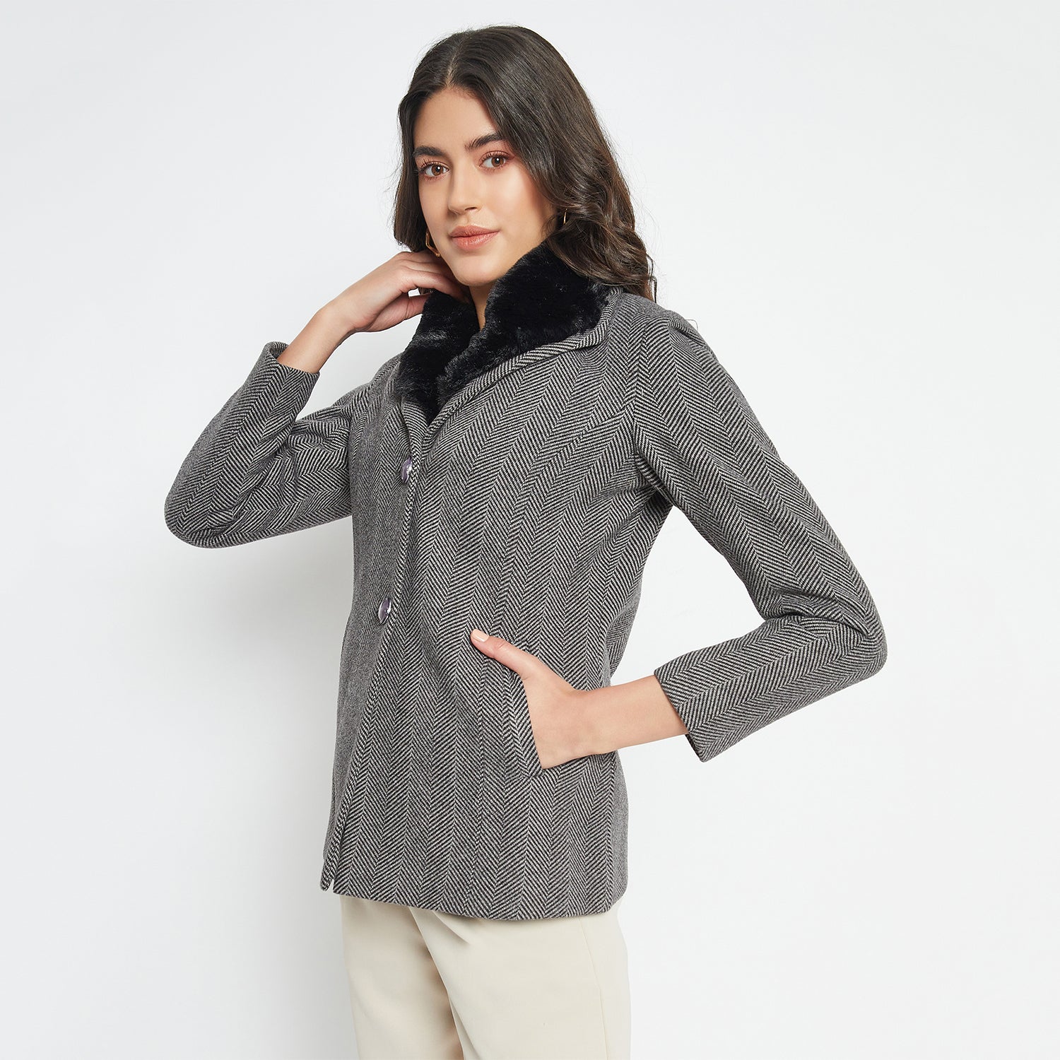 Duke Urban Women Full Sleeve Fur Collared Coat (SDZ4102)