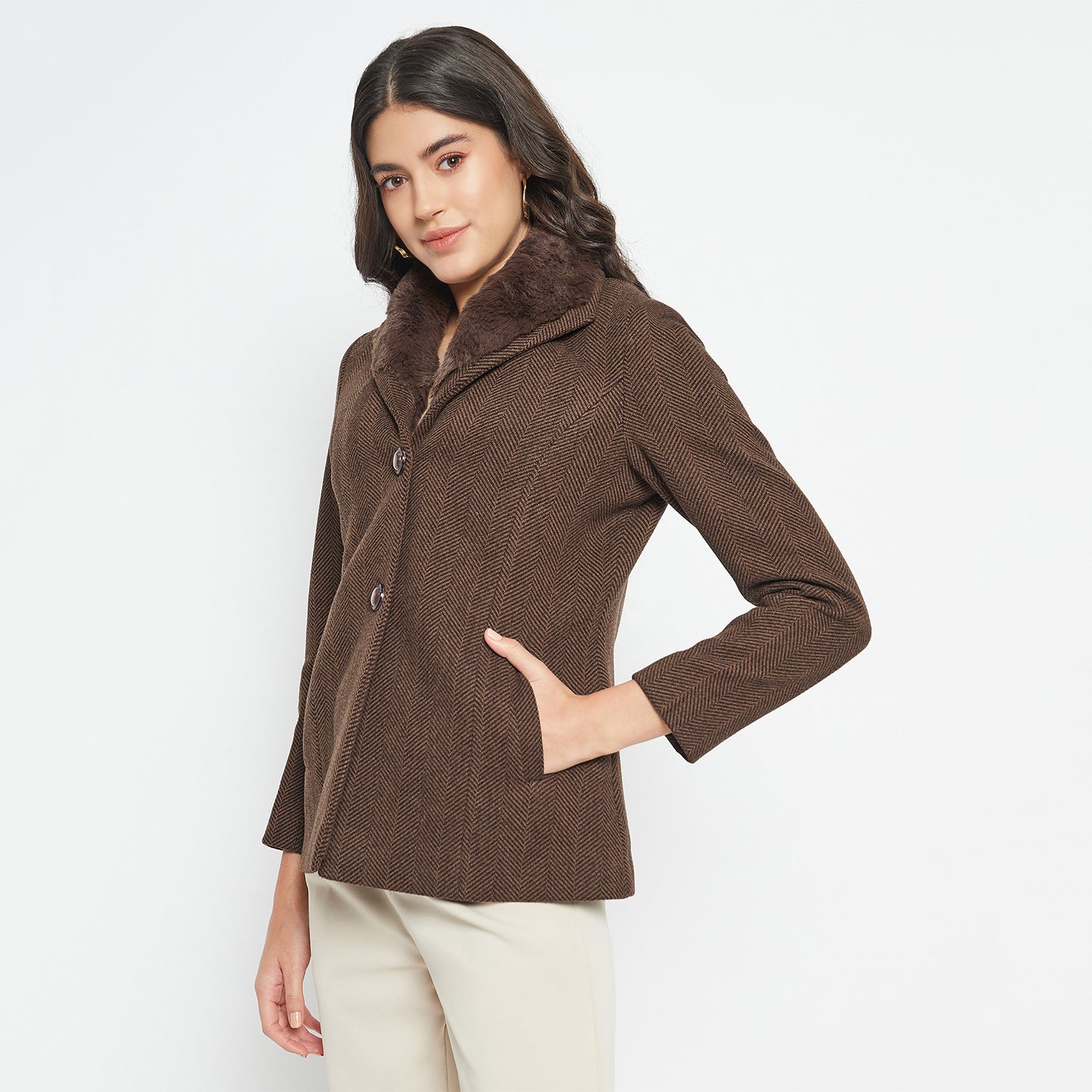 Duke Urban Women Full Sleeve Fur Collared Coat (SDZ4102)