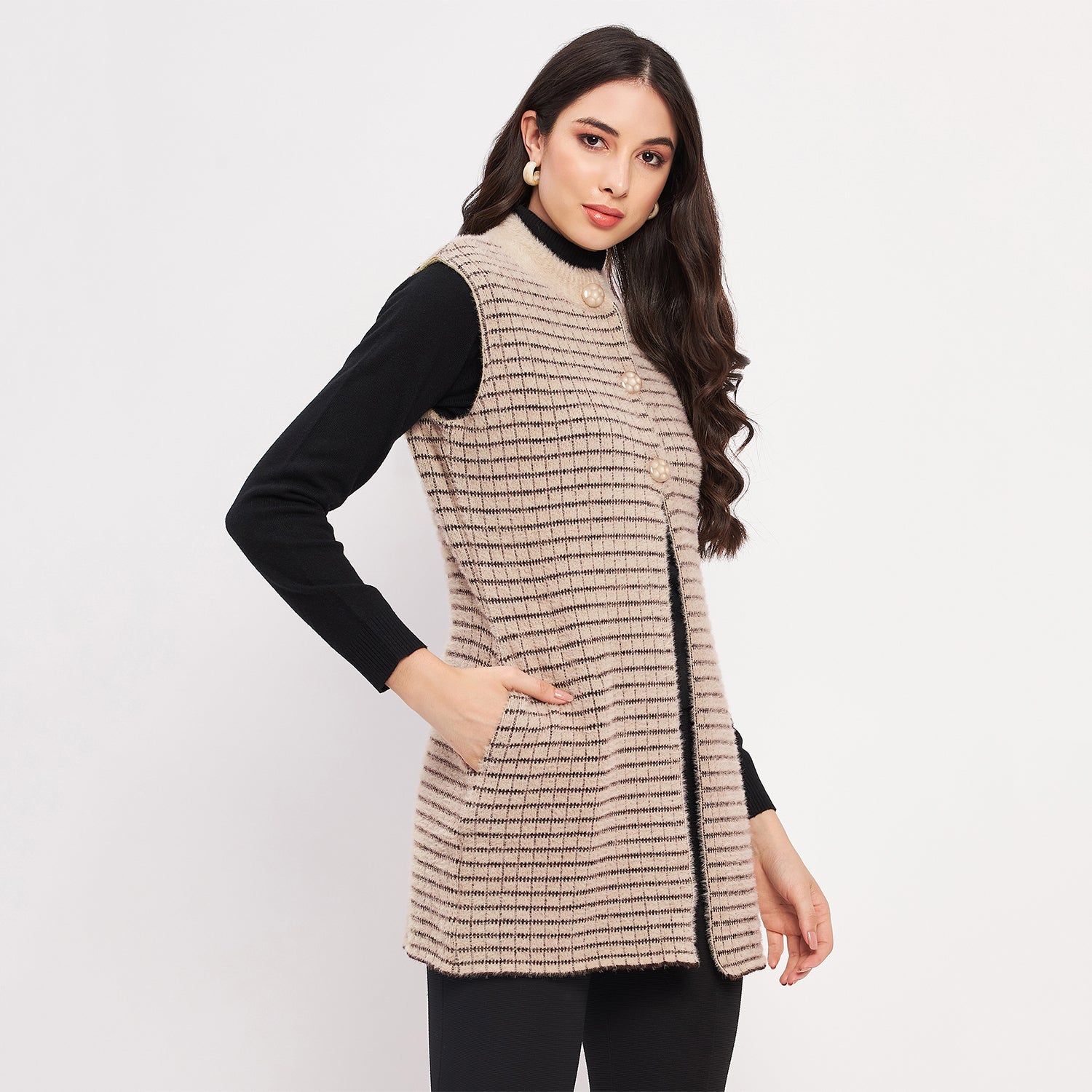 Duke Urban Women Sleeveless Checkered Cardigan (LQS9782)