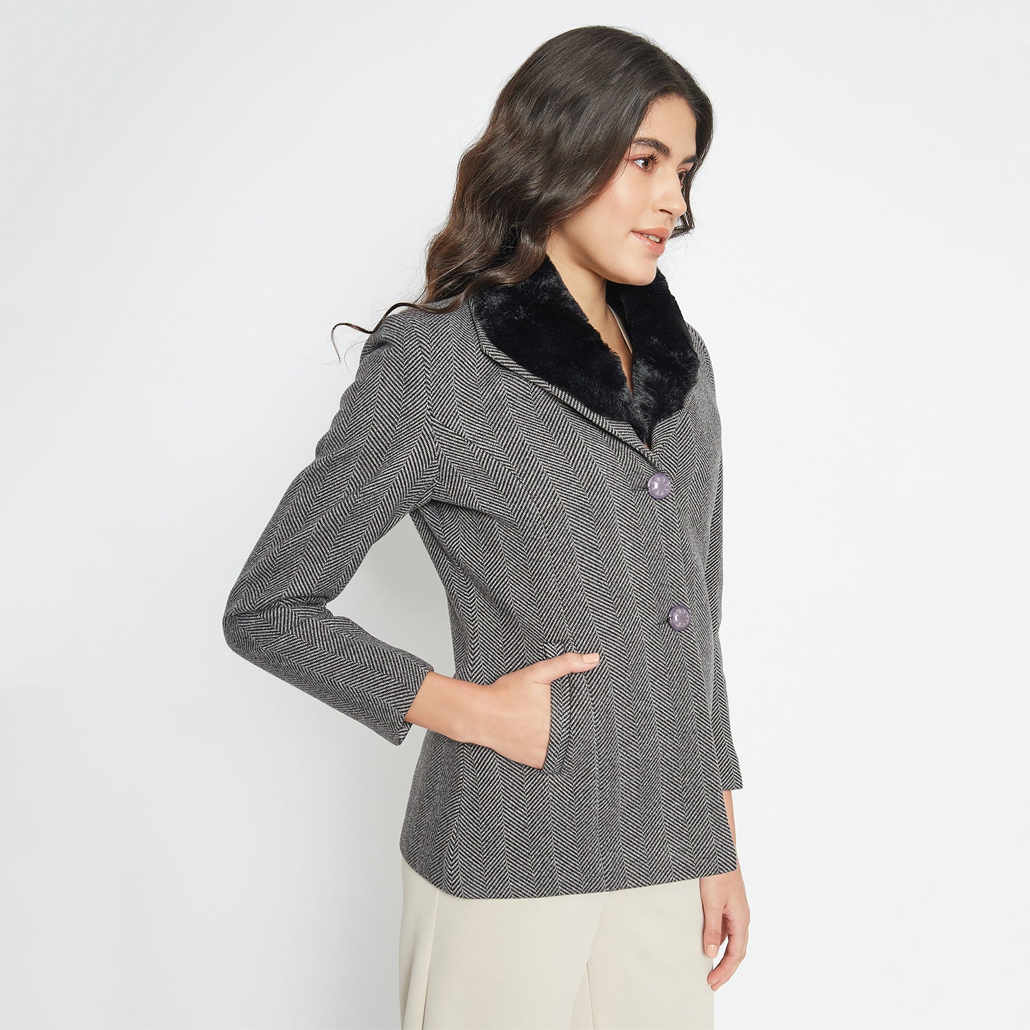 Duke Urban Women Full Sleeve Fur Collared Coat (SDZ4102)