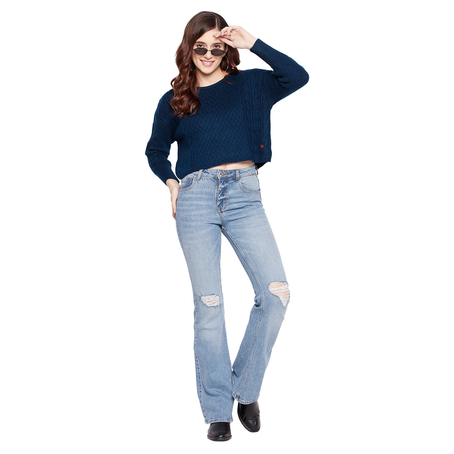 【サックス（48）】MU MULTI BORDER CROPPED LONG SLEEVE CREW NECK PULLOVER Buy ZAFUL Women's Crew Neck Long Sleeve Pullover Crop Sweater Mock