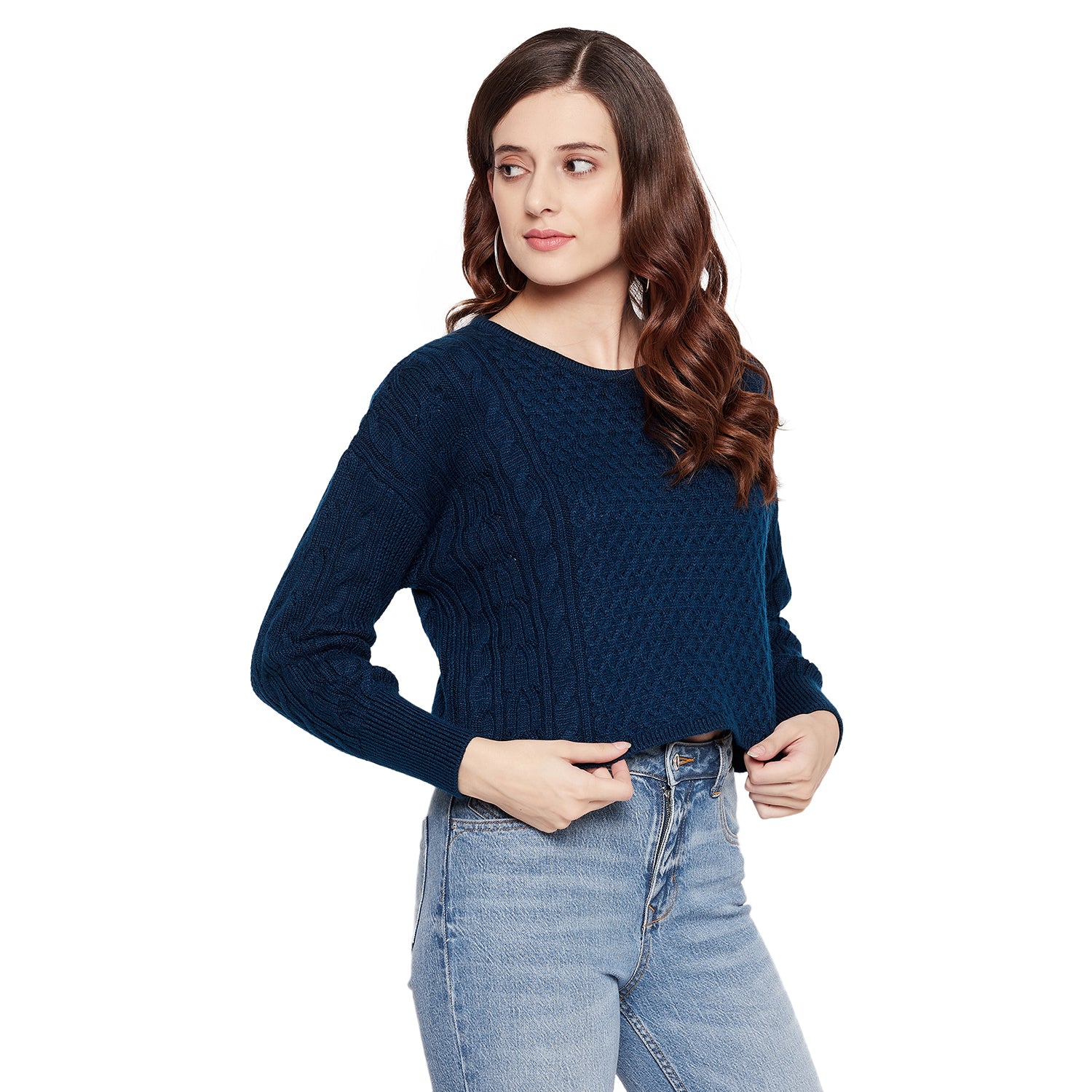 【サックス（48）】MU MULTI BORDER CROPPED LONG SLEEVE CREW NECK PULLOVER Buy ICW Women's Stretchable Lazy Style Knitted Woolen Long Sleeve